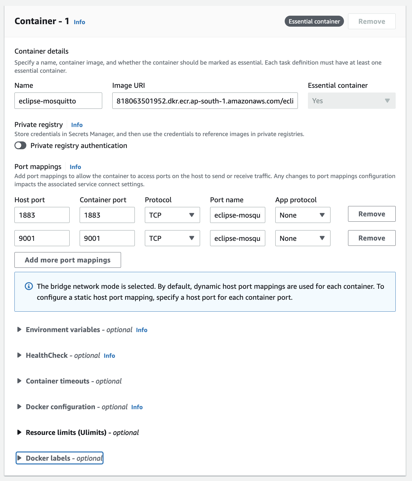 Provide the container details like docker image uri and ports to bind for Create Task Definition