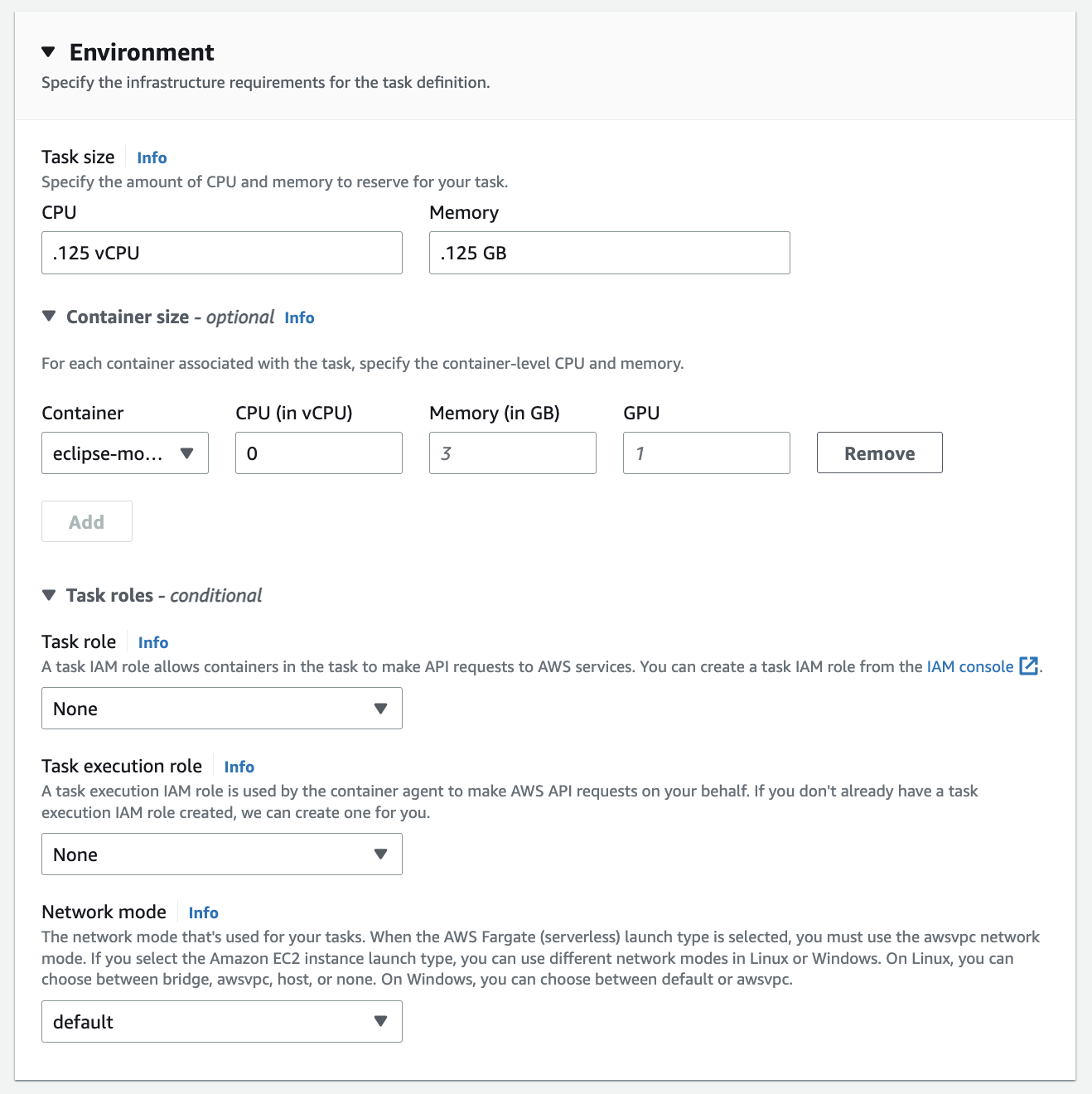 Provide the environment details like CPU, memory IAM role for Create Task definition