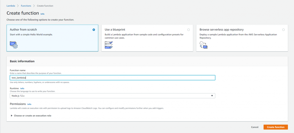 Create a AWS Lambda function authored from scratch