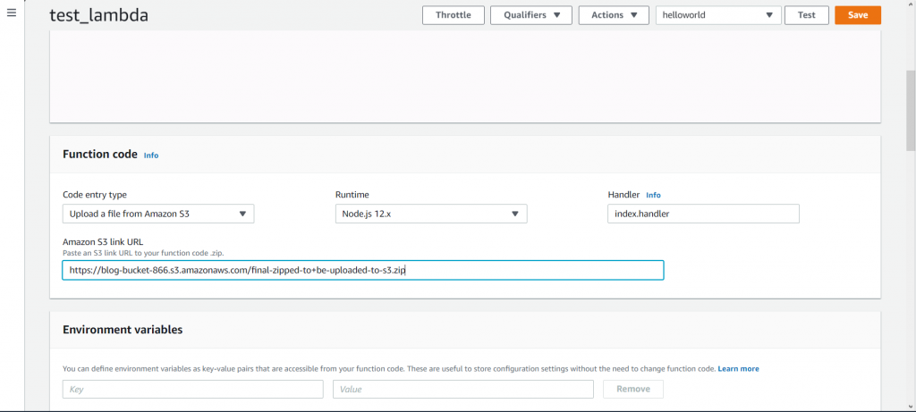 Select code source from S3 while creating a AWS Lambda function 