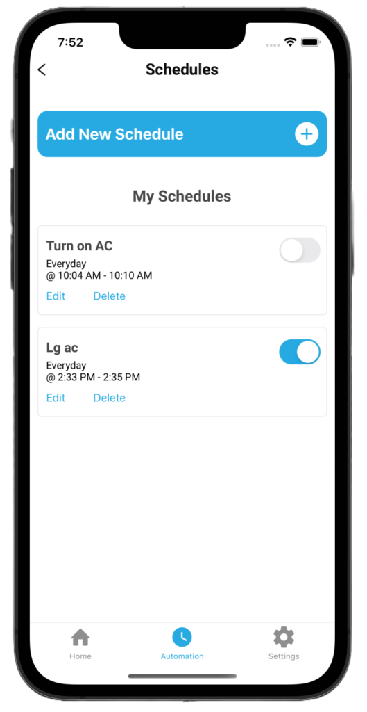 ATOM8 APP screenshot showing schedules on AC